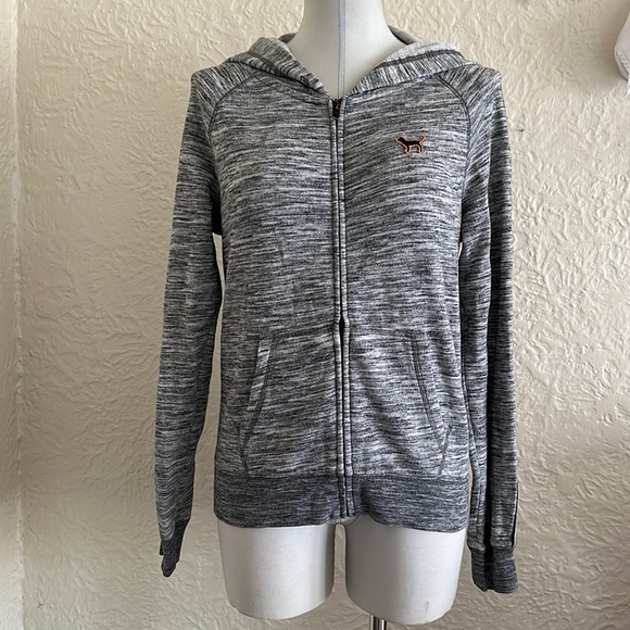 Victoria’s Secret Pink Heather Gray Orange Black Stripe Dog Hoodie Sweatshirt M - Picture 1 of 8